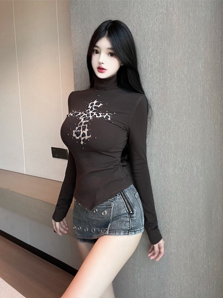 Enticement slim T-shirt leopard bottoming shirt