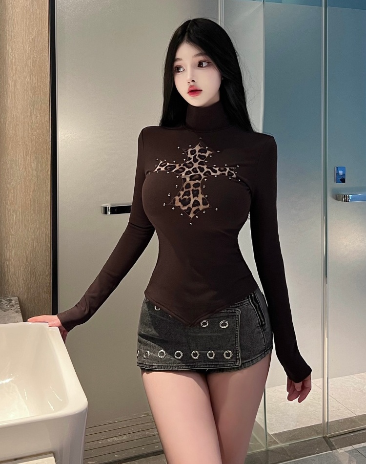 Enticement slim T-shirt leopard bottoming shirt