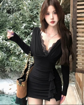 Enticement sexy lotus leaf edges lace knitted slim dress