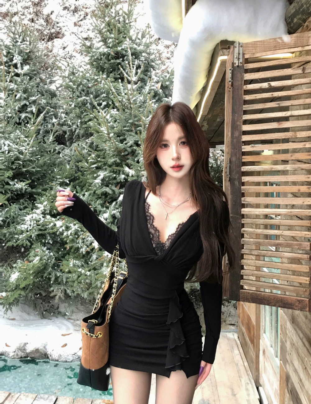 Enticement sexy lotus leaf edges lace knitted slim dress