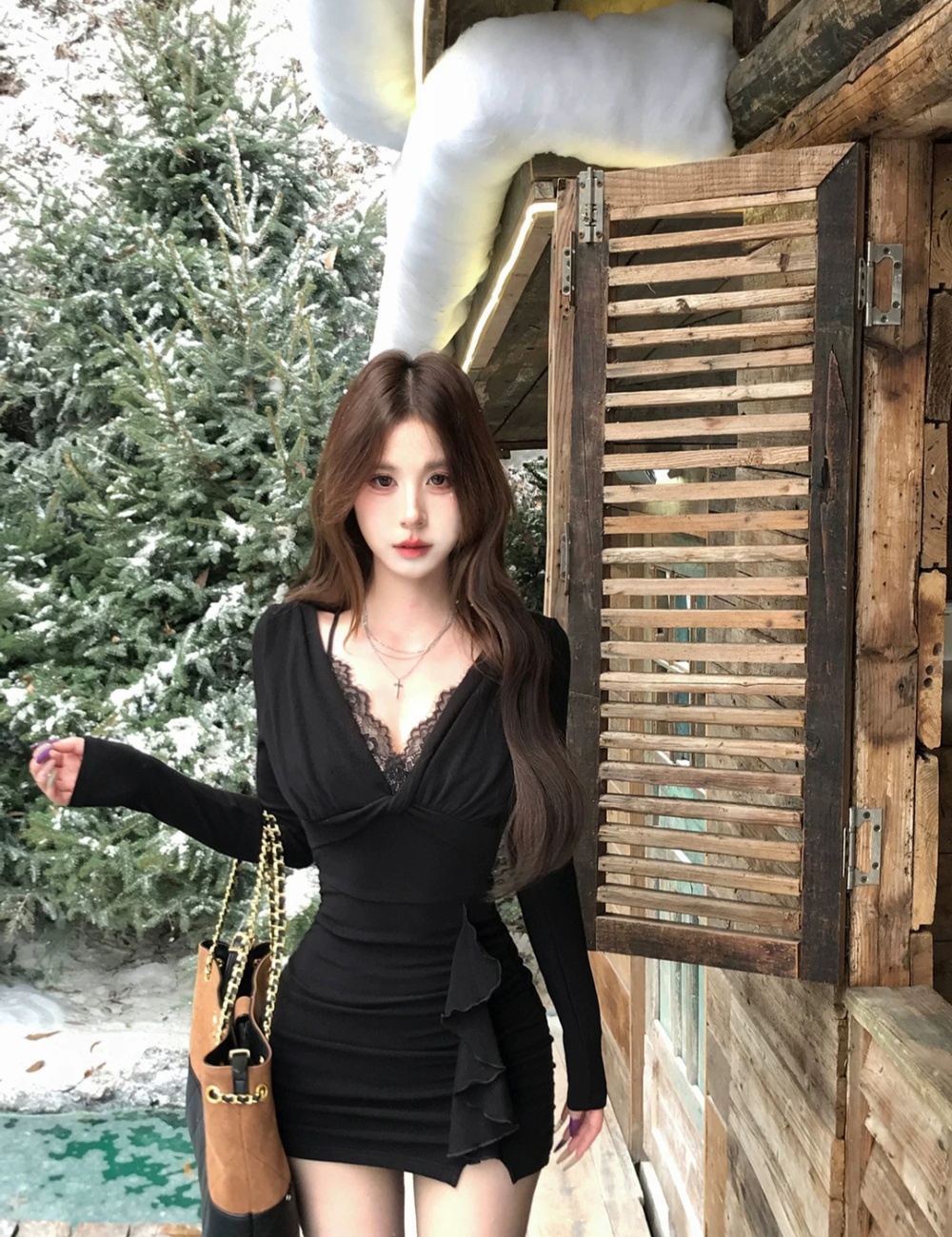 Enticement sexy lotus leaf edges lace knitted slim dress