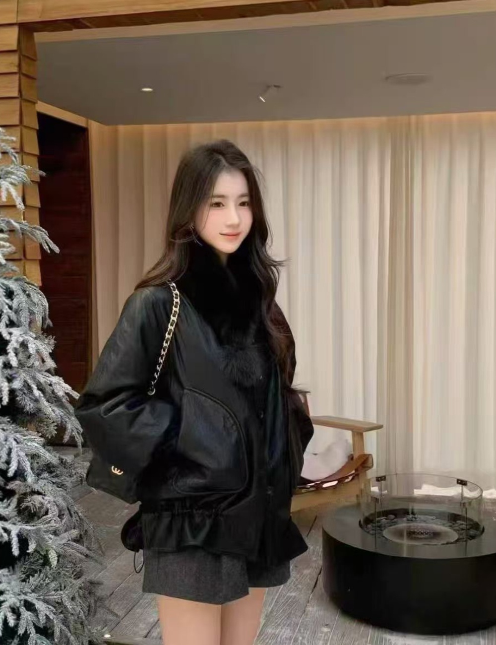 Duck down fox fur overcoat lantern sleeve leather coat for women