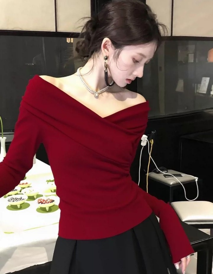 Spicegirl V-neck tops France style red T-shirt for women