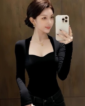Slim pinched waist tops spring black bottoming shirt for women