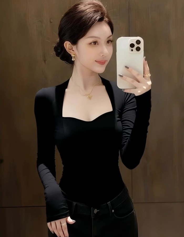 Slim pinched waist tops spring black bottoming shirt for women