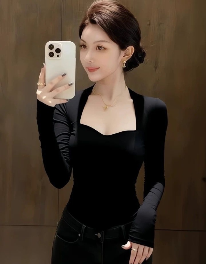 Slim pinched waist tops spring black bottoming shirt for women