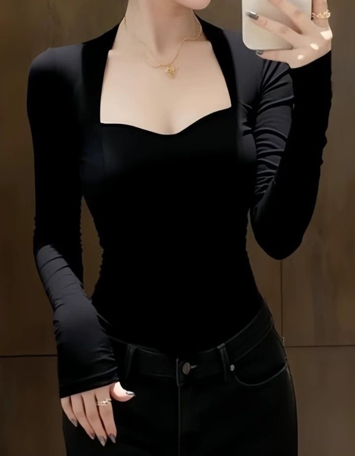 Slim pinched waist tops spring black bottoming shirt for women