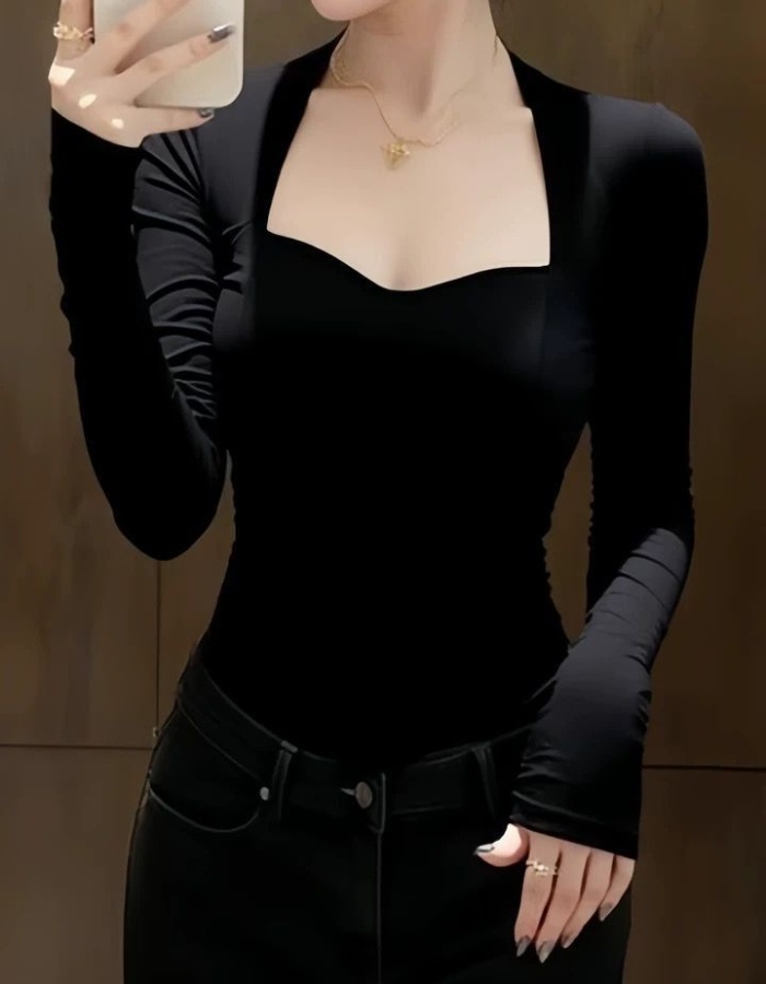 Slim pinched waist tops spring black bottoming shirt for women