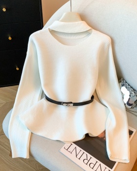 Lazy with belt tops knitted flat shoulder sweater