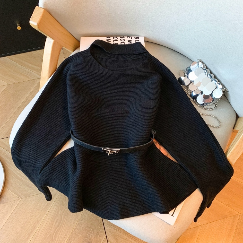 Lazy with belt tops knitted flat shoulder sweater