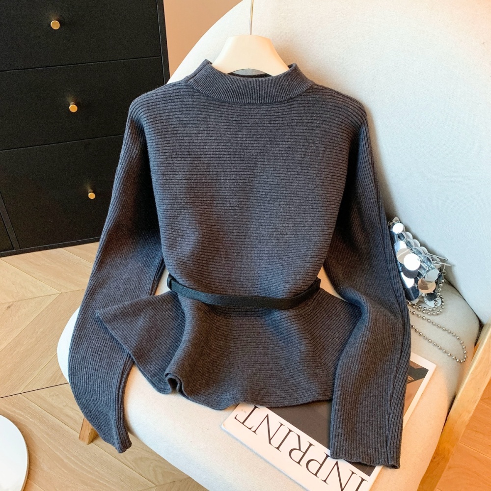 Lazy with belt tops knitted flat shoulder sweater