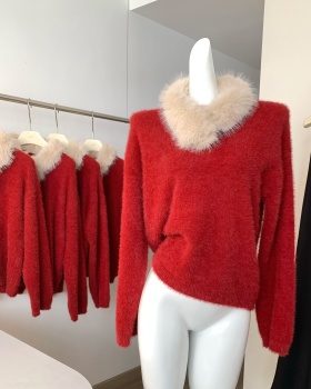Korean style lazy red tops fur collar loose round neck sweater
