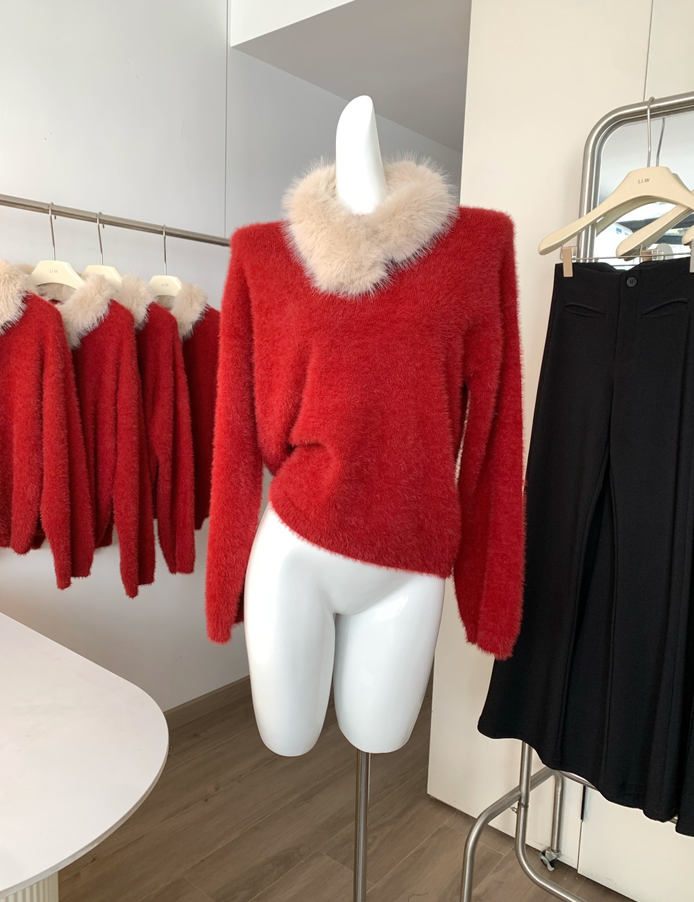 Korean style lazy red tops fur collar loose round neck sweater