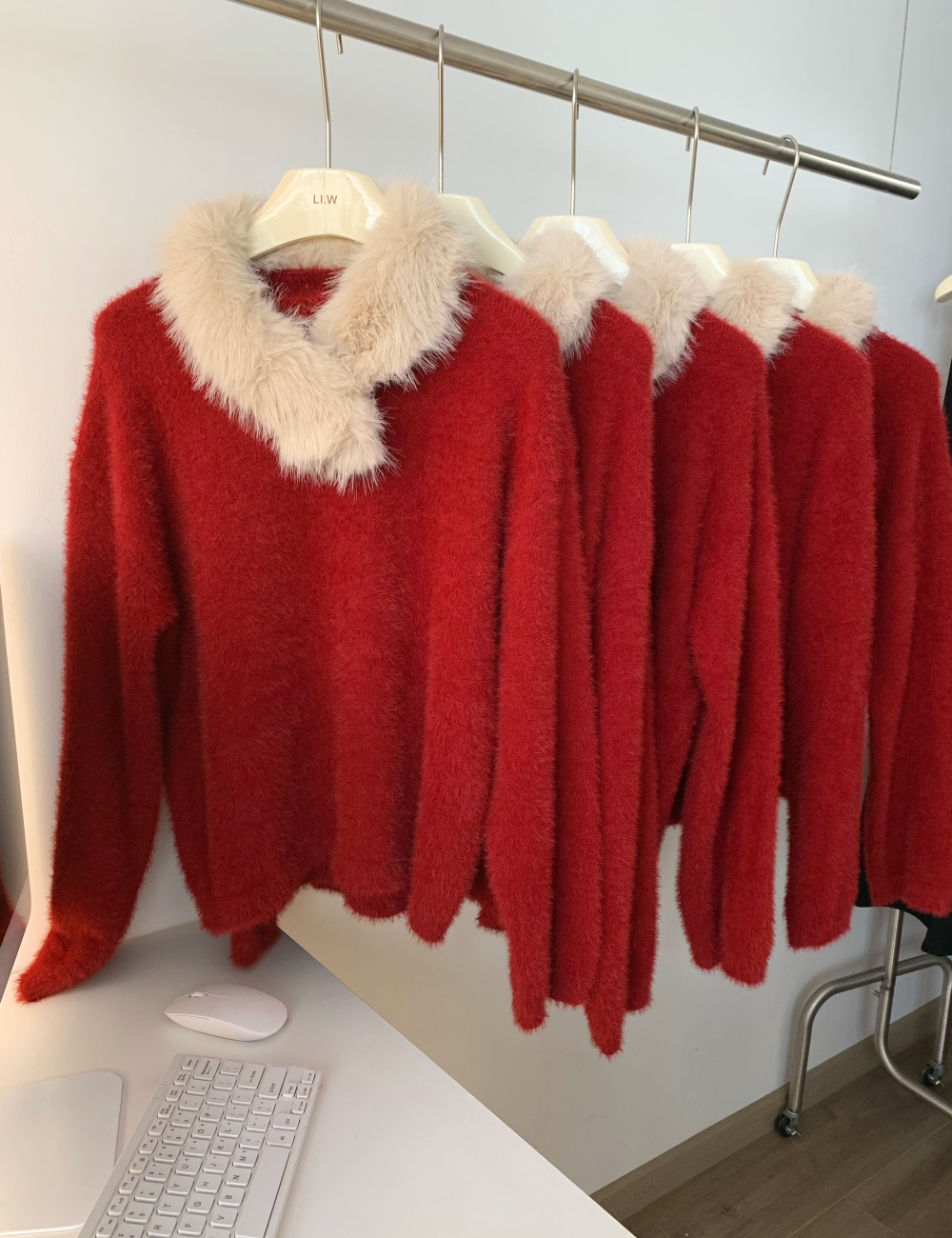 Korean style lazy red tops fur collar loose round neck sweater