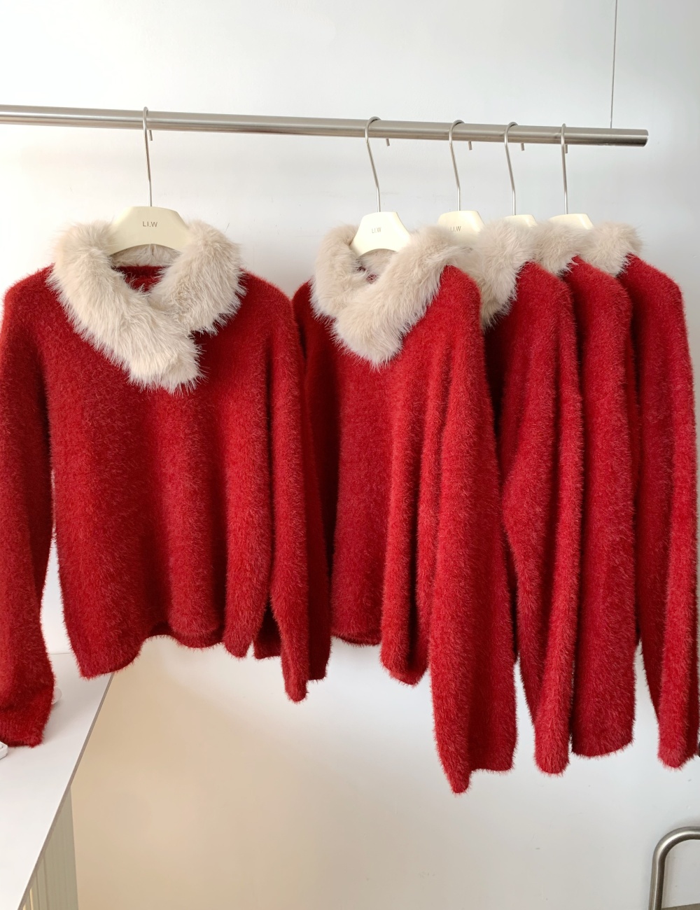 Korean style lazy red tops fur collar loose round neck sweater