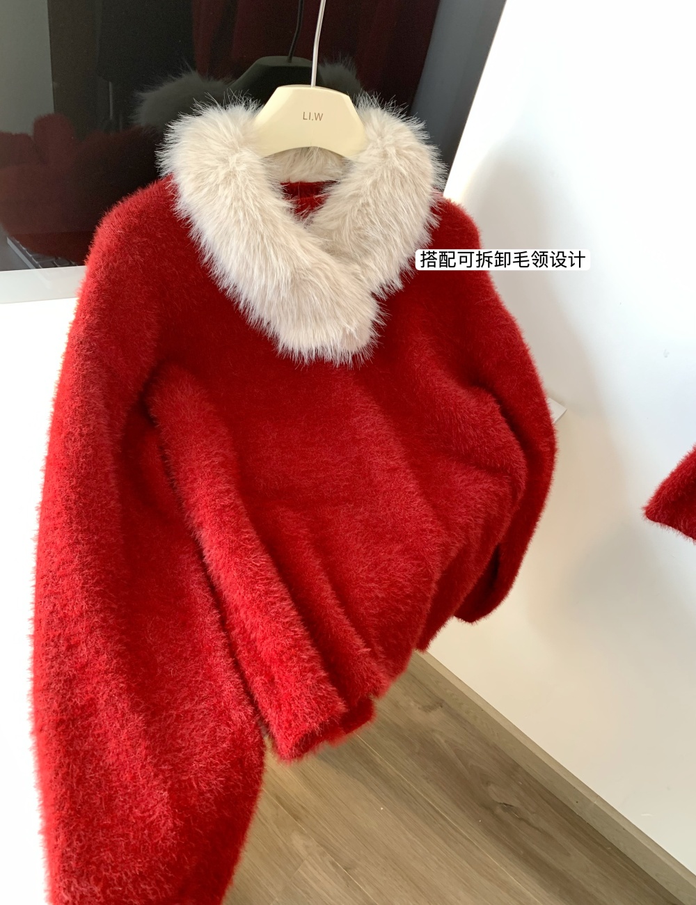Korean style lazy red tops fur collar loose round neck sweater