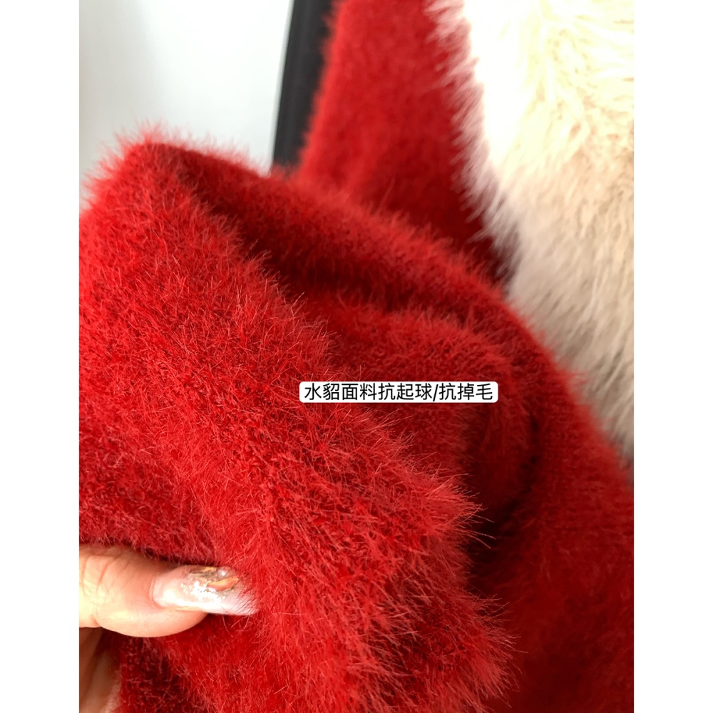 Korean style lazy red tops fur collar loose round neck sweater