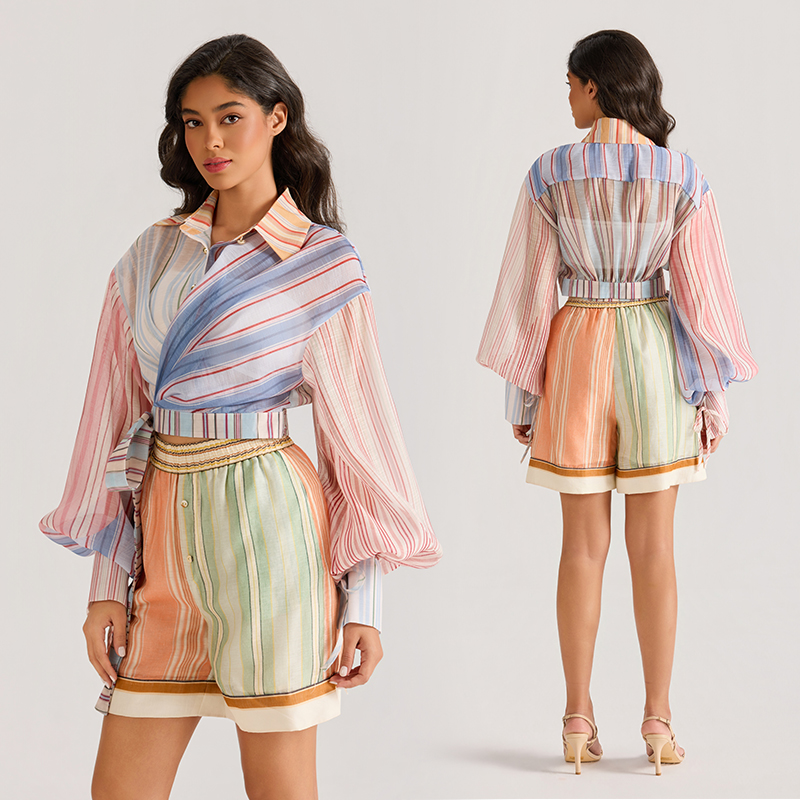 Court style long sleeve shorts printing tops 2pcs set