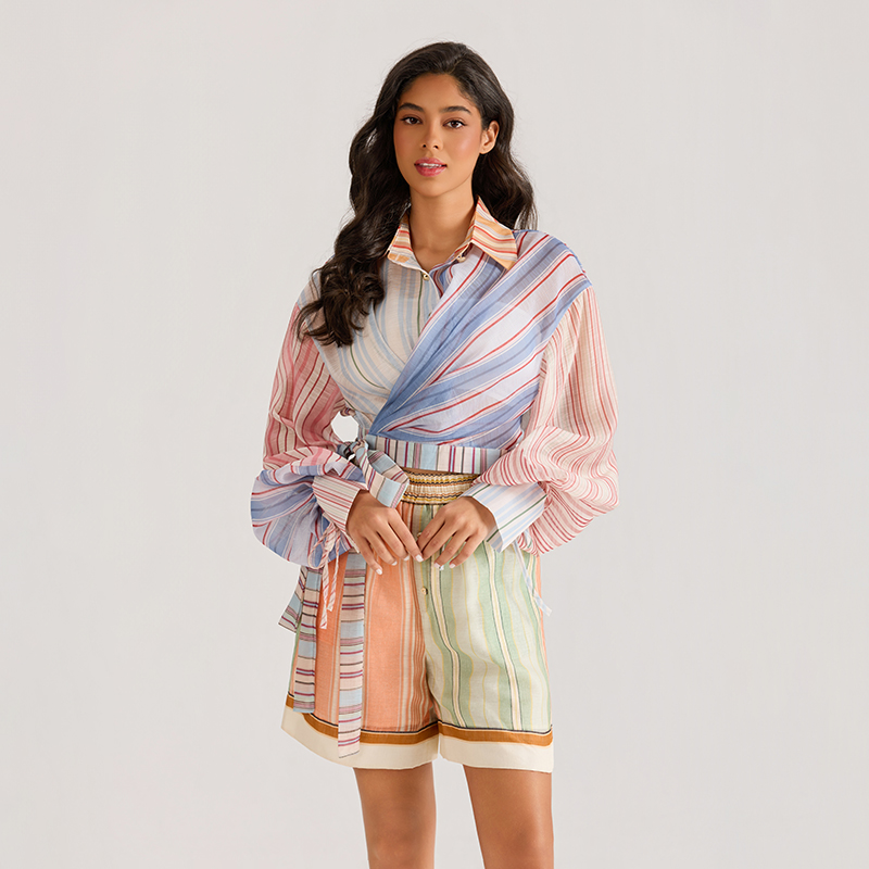 Court style long sleeve shorts printing tops 2pcs set