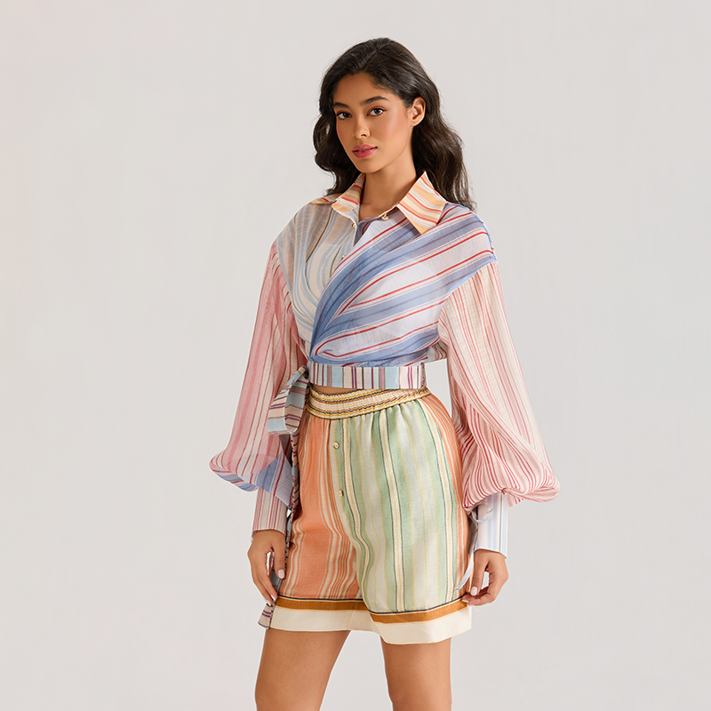 Court style long sleeve shorts printing tops 2pcs set