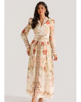 Printing long sleeve court style skirt 2pcs set