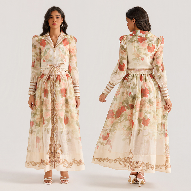 Printing long sleeve court style skirt 2pcs set