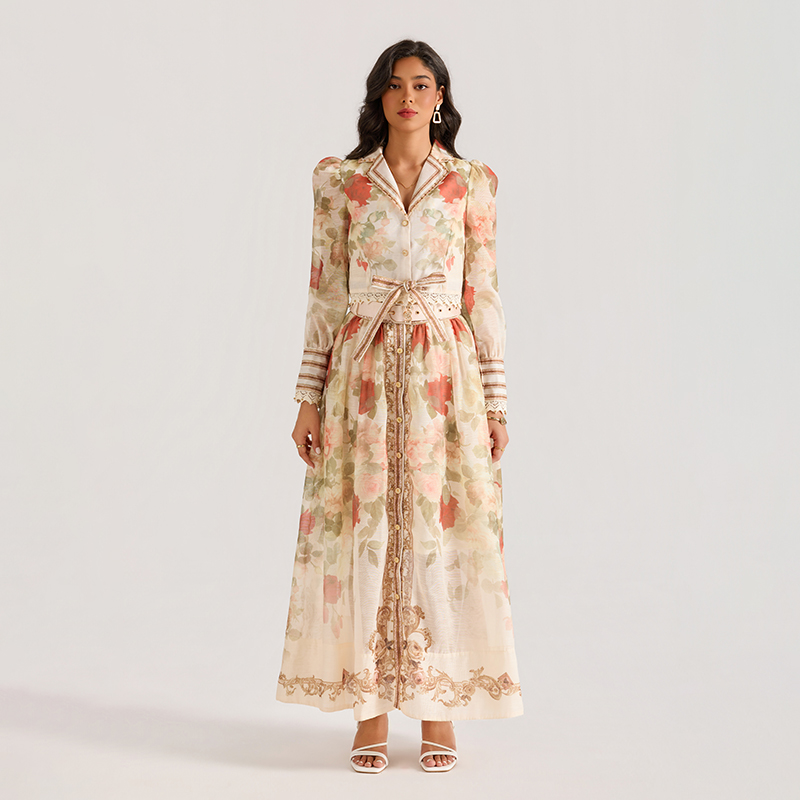 Printing long sleeve court style skirt 2pcs set