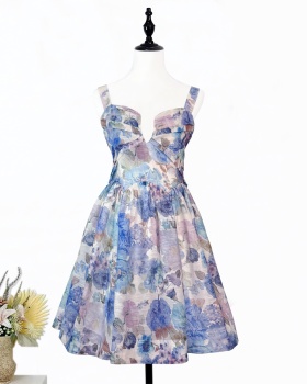 Thick and disorderly slim sling printing pinched waist dress