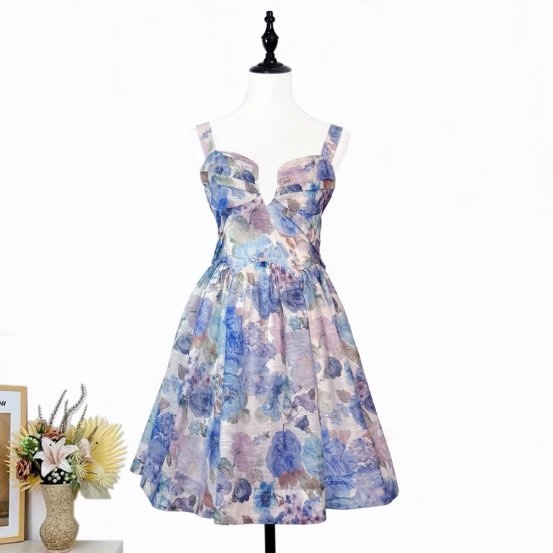 Thick and disorderly slim sling printing pinched waist dress