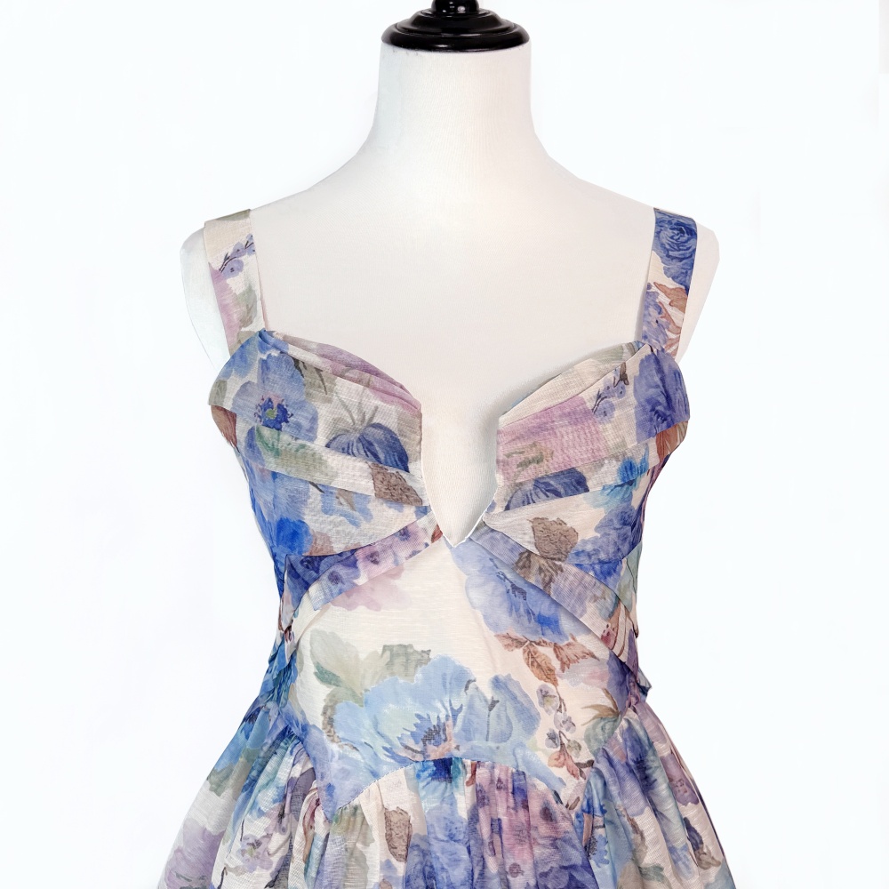 Thick and disorderly slim sling printing pinched waist dress