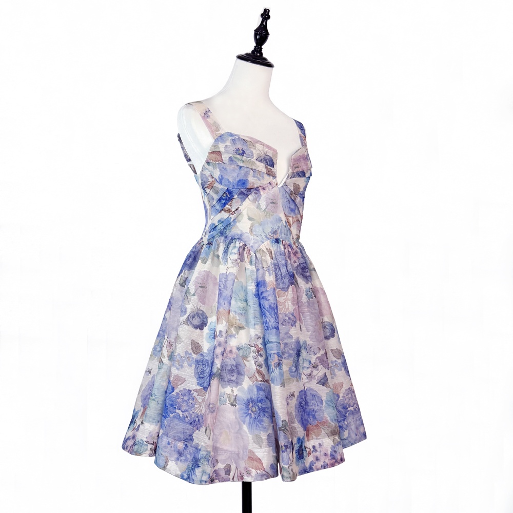 Thick and disorderly slim sling printing pinched waist dress