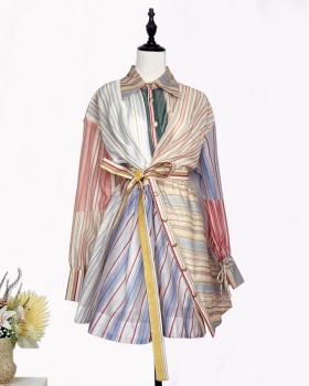 Colors lapel stripe slim short pinched waist frenum dress