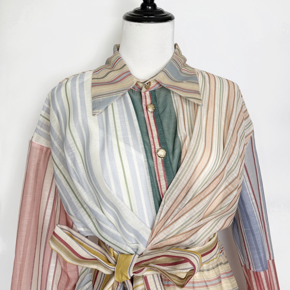 Colors lapel stripe slim short pinched waist frenum dress