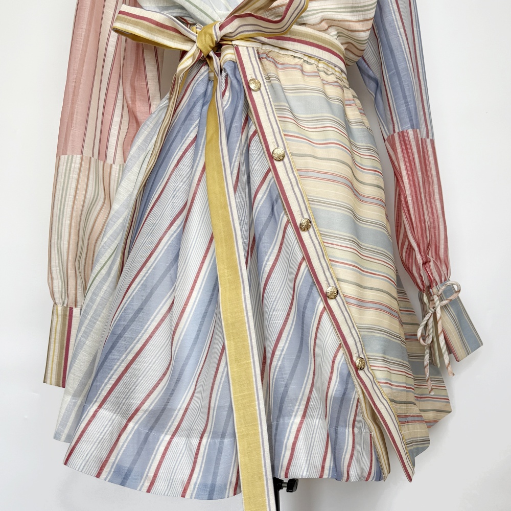 Colors lapel stripe slim short pinched waist frenum dress