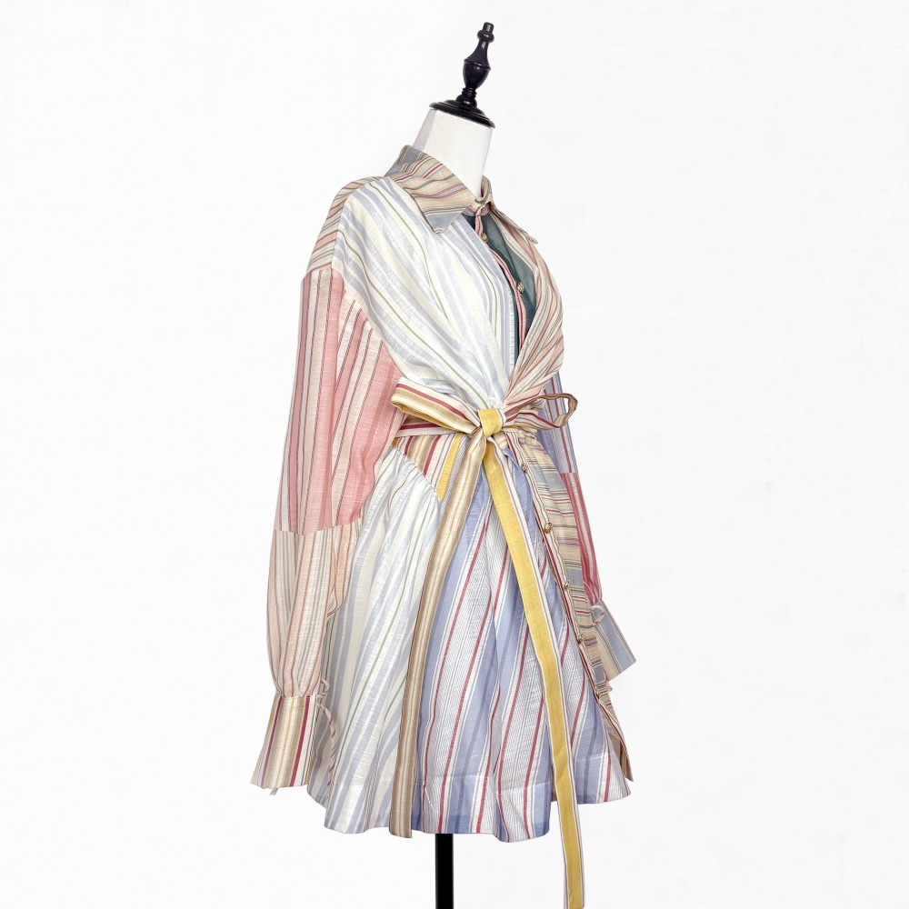 Colors lapel stripe slim short pinched waist frenum dress