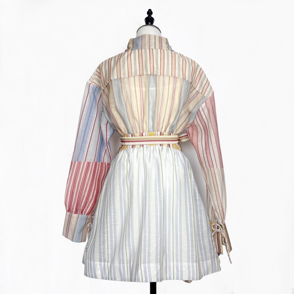 Colors lapel stripe slim short pinched waist frenum dress