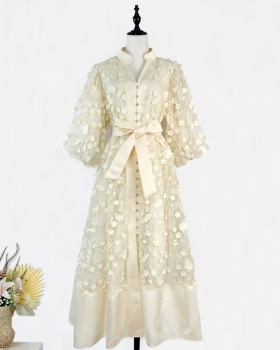 Flowers France style long dress lantern sleeve dress