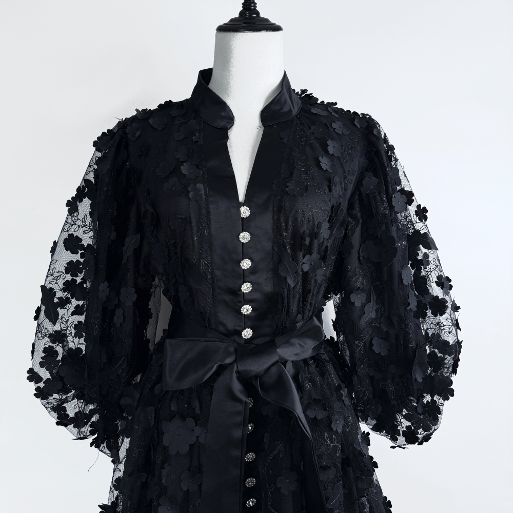 Flowers France style long dress lantern sleeve dress