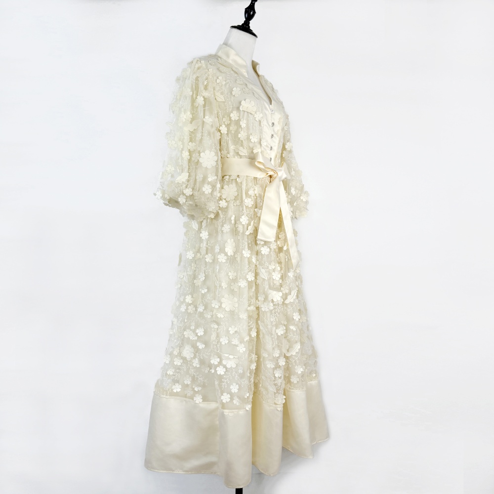 Flowers France style long dress lantern sleeve dress