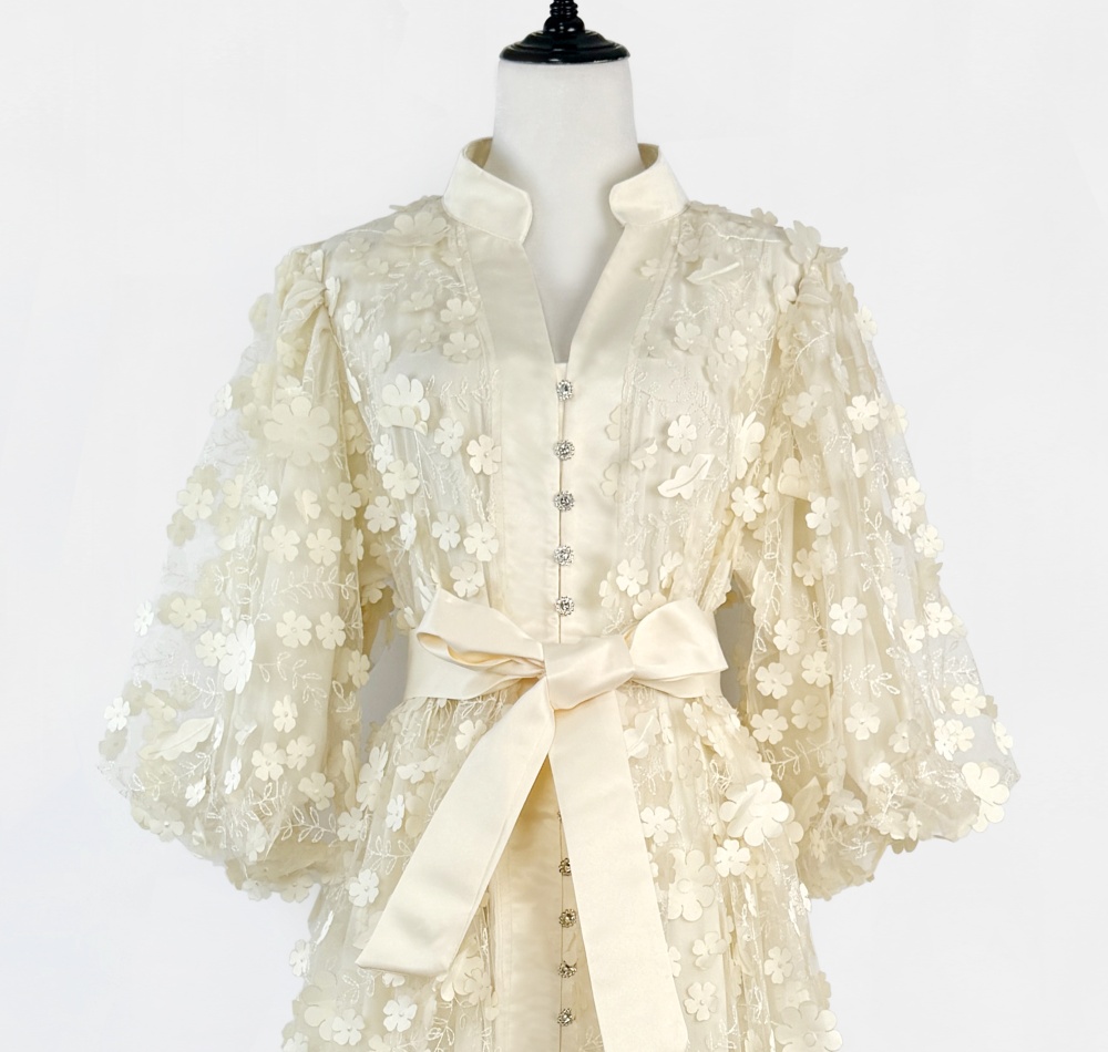 Flowers France style long dress lantern sleeve dress