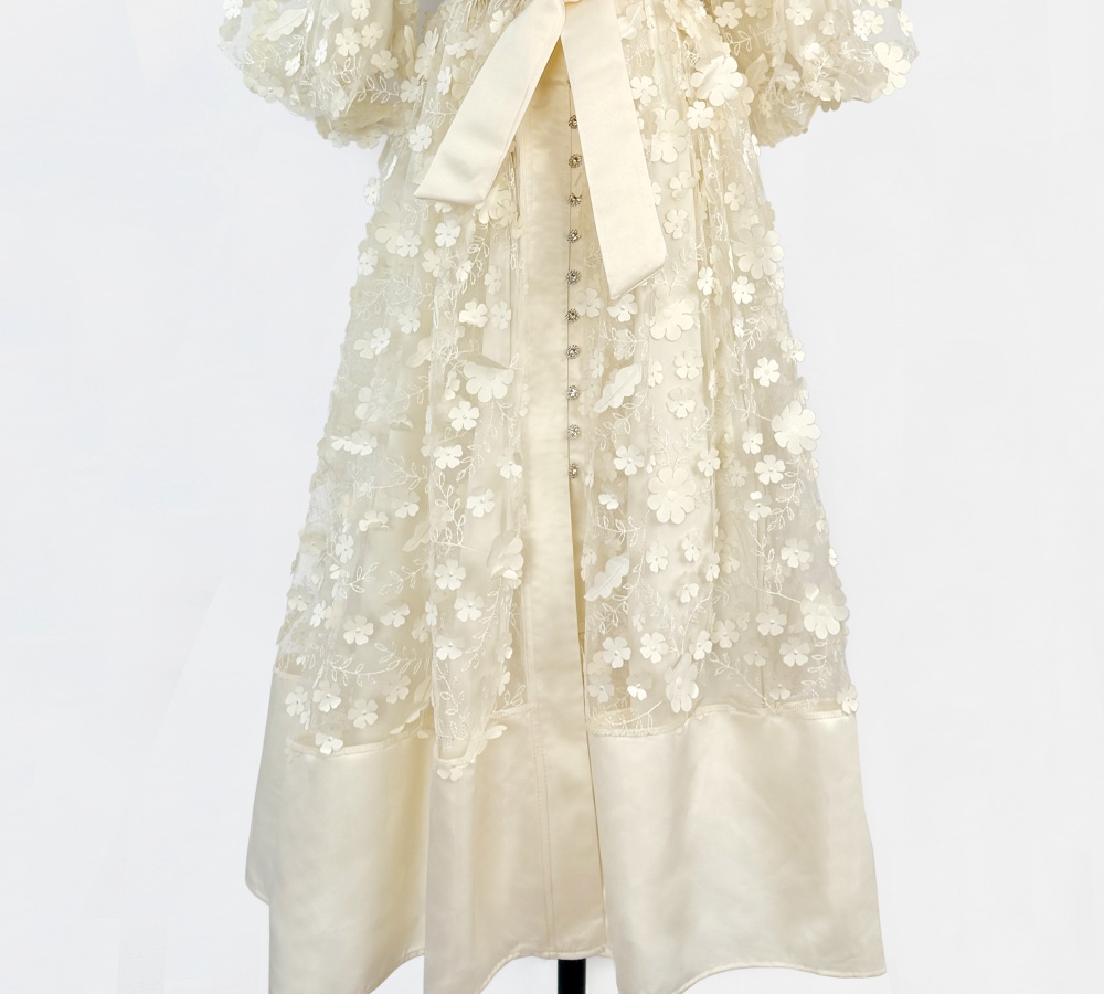 Flowers France style long dress lantern sleeve dress