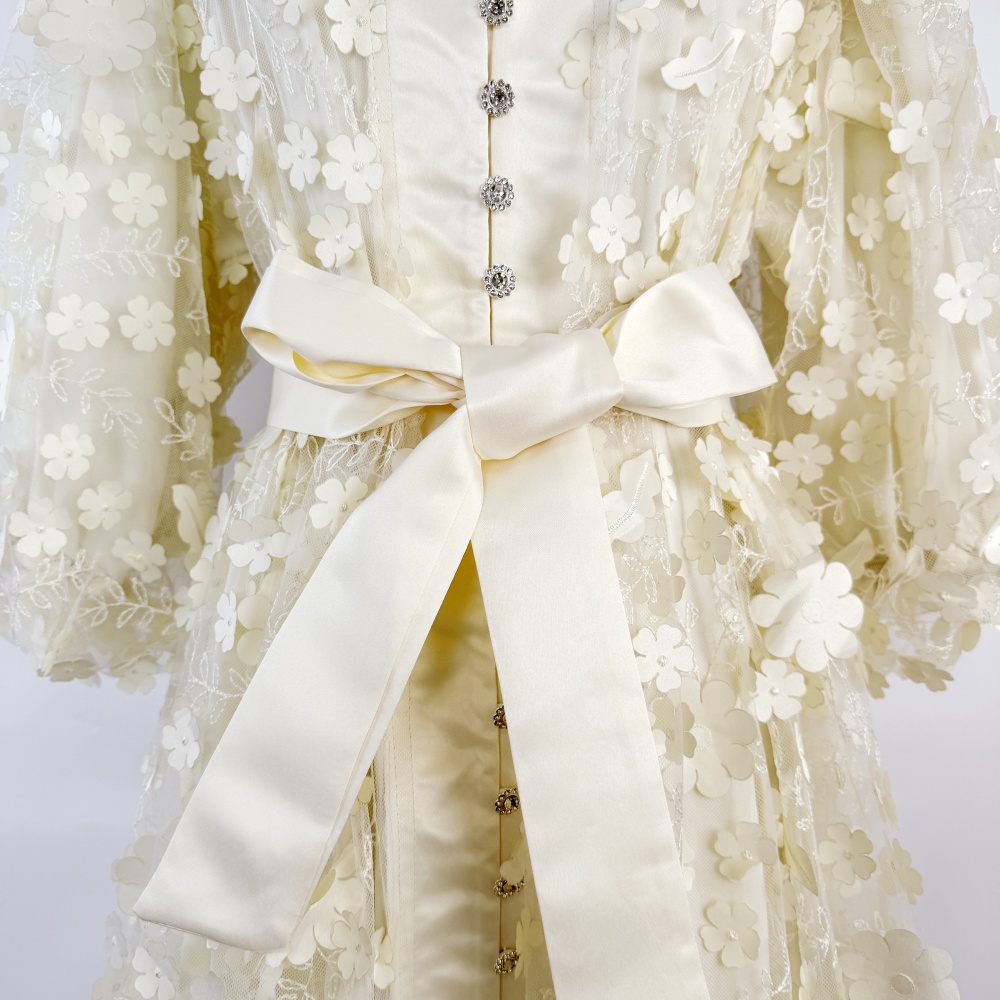 Flowers France style long dress lantern sleeve dress