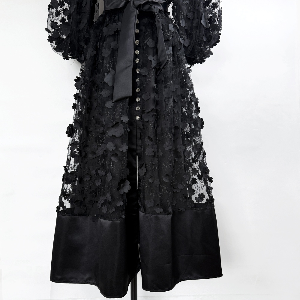 Flowers France style long dress lantern sleeve dress