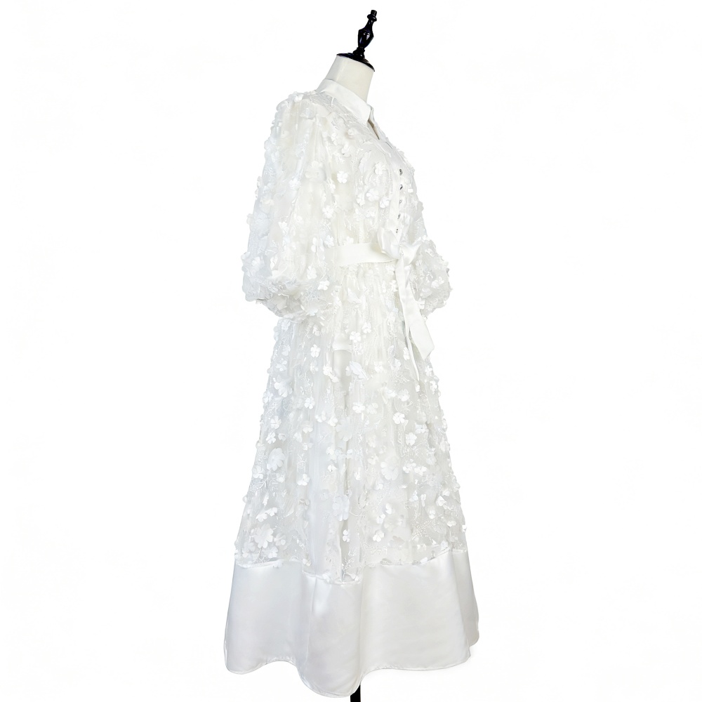 Flowers France style long dress lantern sleeve dress