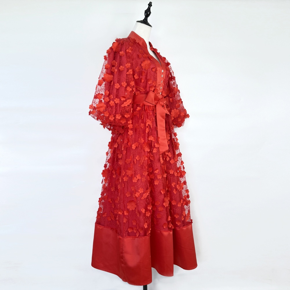 Flowers France style long dress lantern sleeve dress