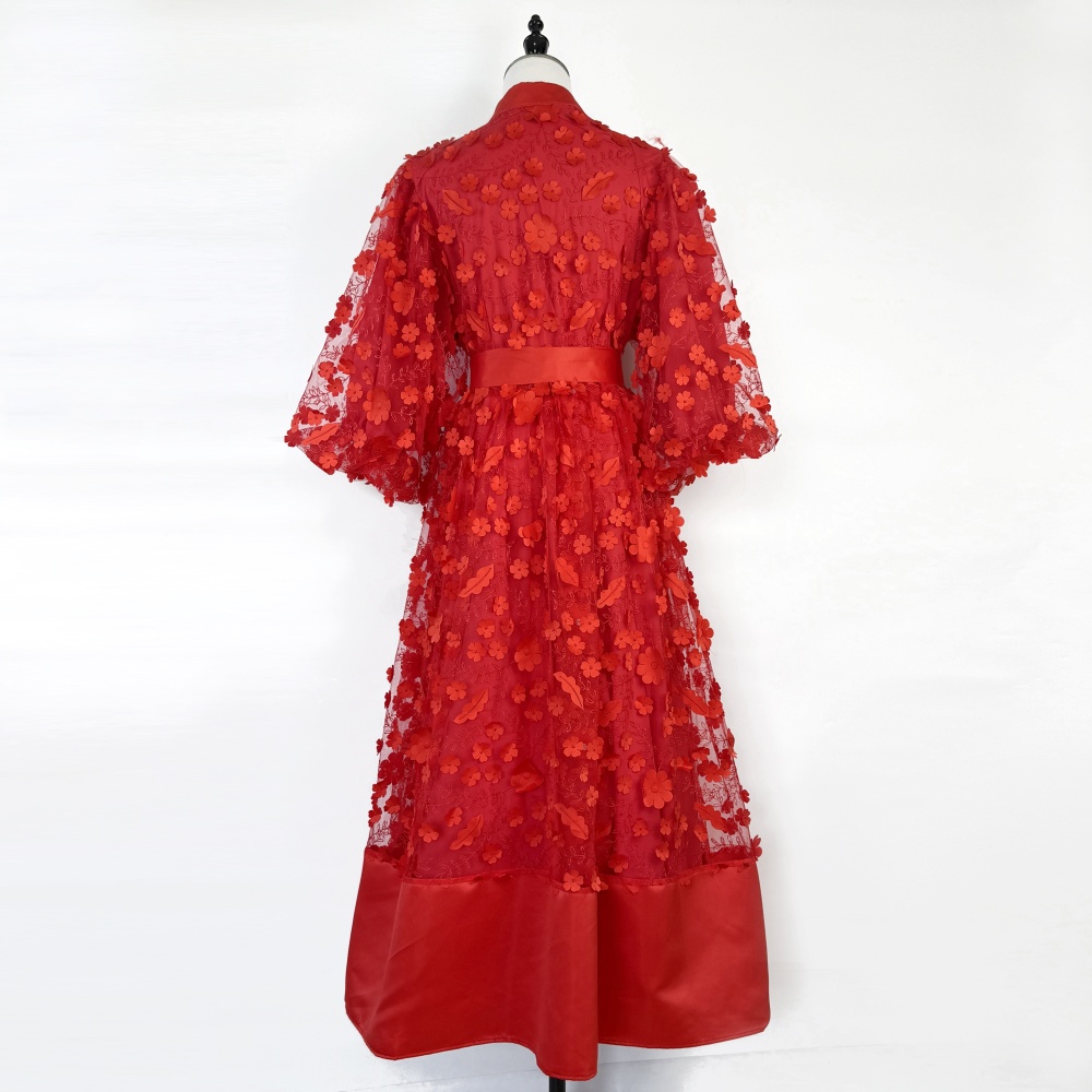 Flowers France style long dress lantern sleeve dress