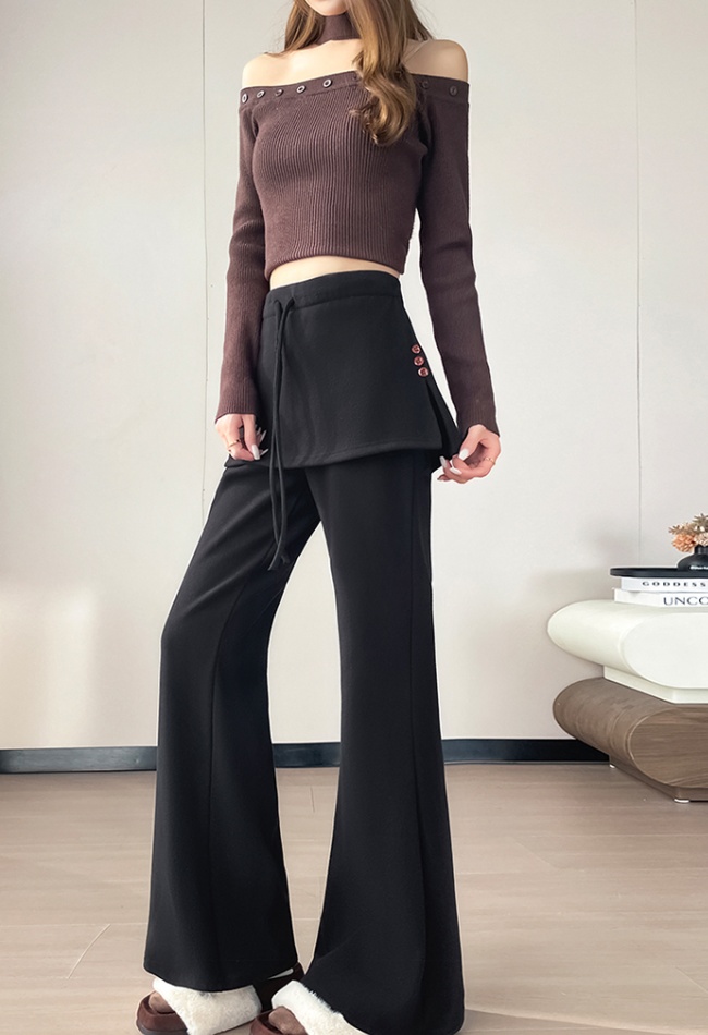 Slim Casual thick drawstring wide leg Pseudo-two pants