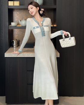 Hollow white France style round neck long sleeve dress