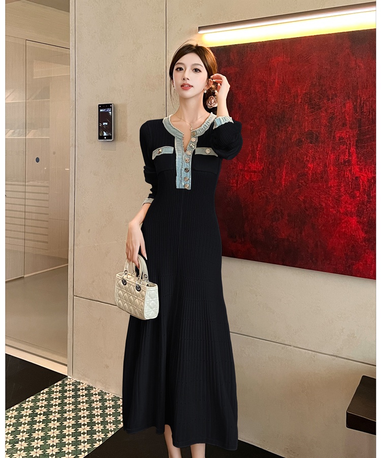 Hollow white France style round neck long sleeve dress