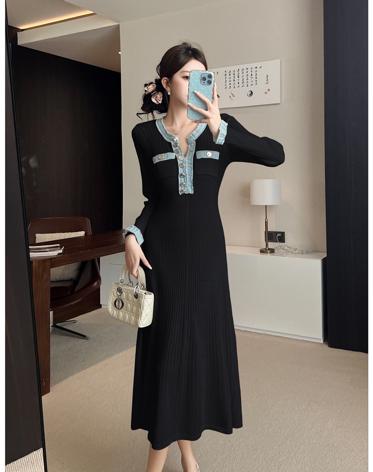 Hollow white France style round neck long sleeve dress